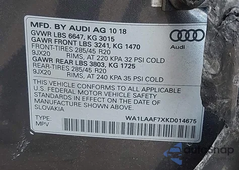 2019 Audi Q7 55 Premium/55 Se Premium from USA, damaged, VIN WA1LAAF7XKD014675